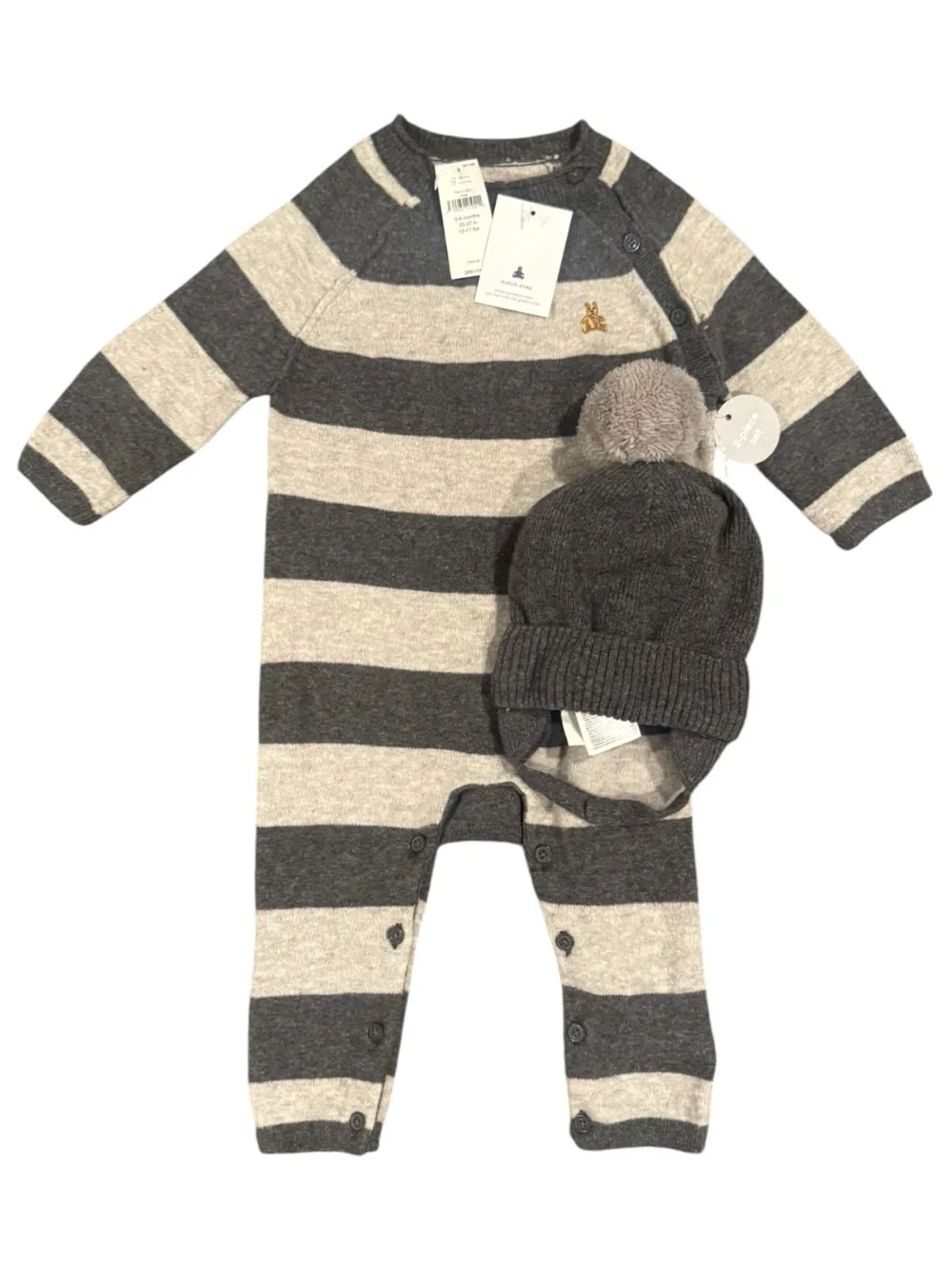 babyGap Baby Boy Striped Knit Romper & Pom Beanie One Piece Set Winter, 3–6M